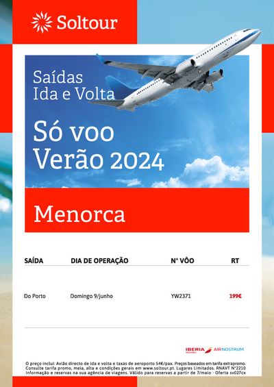 Promoções de Viagens em Lisboa | Só voo verão Menorca de Soltour | 08/05/2024 - 09/06/2024