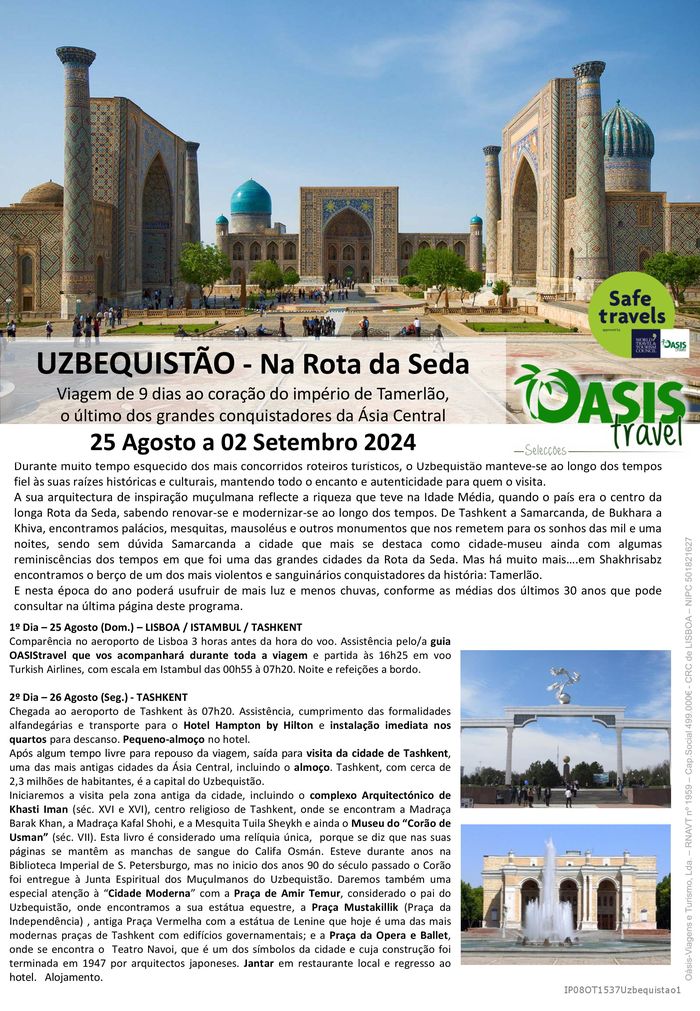 Catálogo Oasistravel | UZBEQUISTÃO | 25/08/2024 - 02/09/2024