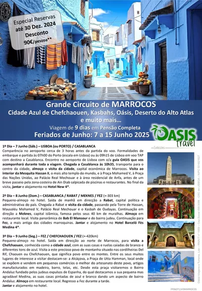 Promoções de Viagens | Grande Circuito de Marrocos de Oasistravel | 01/10/2024 - 30/12/2024