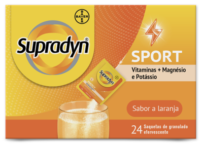 Oferta de Supradyn SPORT Magnésio + Potássio Granulado efervescente, 24 Saqueta 4g Laranja por 16,5€ em Farmácias Portuguesas