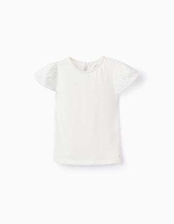 Oferta de T-shirt de Algodão com Bordado Inglês para Bebé Menina, Branco por 9,99€ em Zippy