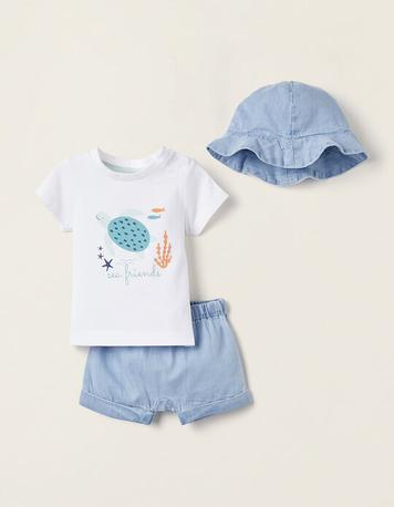 Oferta de T-shirt + Calções + Chapéu para recém-Nascido, Branco/Azul por 12,99€ em Zippy