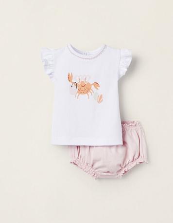 Oferta de T-Shirt + Calções para Recém-Nascida 'Beach', Branco/Rosa Claro por 7,99€ em Zippy