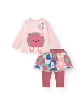 Oferta de Conjunto Camiseta e saia com leggings para menina na cor rosa com estampa de ouriço e flores Coleção Hedgehog Forest por 39,99€ em Tuc Tuc