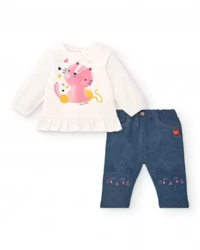 Oferta de Conjunto de menina creme e azul com estampa de gatinho, coleção Lovely Kittens por 43,99€ em Tuc Tuc