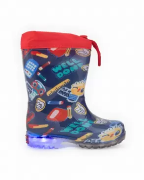 Oferta de Botas de chuva infantis em azul com luzes e estampa escolar coleção Big Brains por 25,99€ em Tuc Tuc