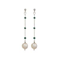 Oferta de Silver Plated Chain Earrings w/ Green Beads & Cultured Pearl por 23,8€ em Pedra Dura