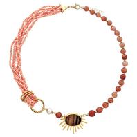 Oferta de Salmon Beads Necklace w/ Pearl & Pattern Stone por 94€ em Pedra Dura