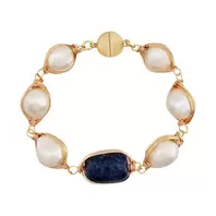 Oferta de Golden Bracelet w/ Freshwater Pearls & Lapis Lazuli por 48,5€ em Pedra Dura