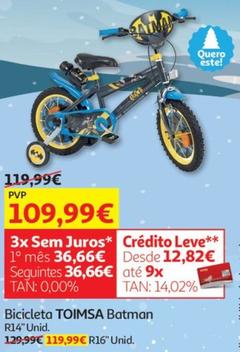 Oferta de Toimsa - Bicicleta 14" Batman por 109,99€ em Auchan