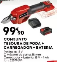 Oferta de Conjunto Tesoura De Poda + Carregador + Bateria por 99,9€ em Bricomarché