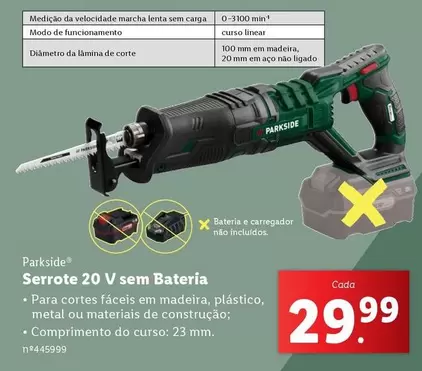 Oferta de Madeira - Parkside - Serrote 20 V Sem Bateria por 29,99€ em Lidl