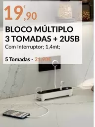 Oferta de .Com - Bloco Multiplo 3 Tomadas + 2 Usb por 19,9€ em E.Leclerc