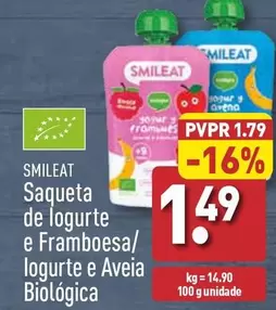 Oferta de Smileat - Saqueta De Iogurte E Framboesa/ Iogurte E Aveia Biologica  por 1,49€ em Aldi