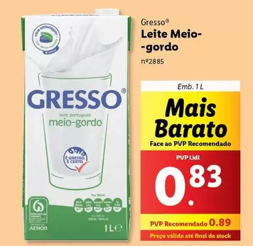 Oferta de Gresso - Leite Meio-gordo por 0,89€ em Lidl