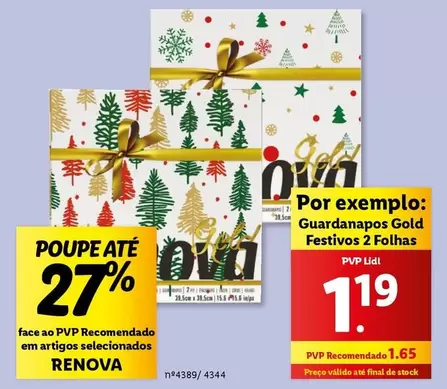 Oferta de Renova - Guardanapos Gold Festivos 2 Folhas por 1,19€ em Lidl