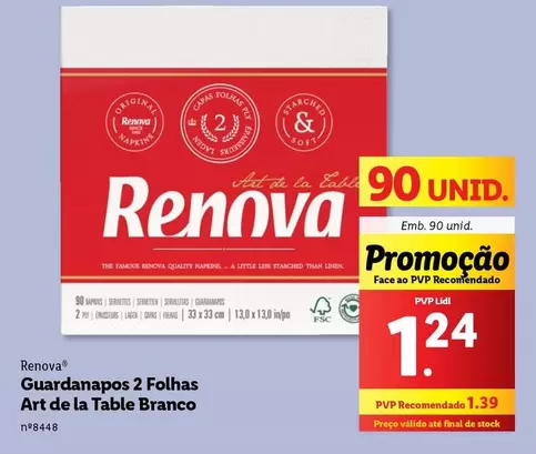 Oferta de Renova - Guardanapos 2 Folhas Art De La Table Branco por 1,24€ em Lidl