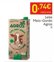 Oferta de Agros - Leite Meio-gordo por 0,74€ em Recheio