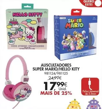 Oferta de Hello Kitty - Auscultadores Super Mario/ Hello Kit por 17,99€ em Pingo Doce