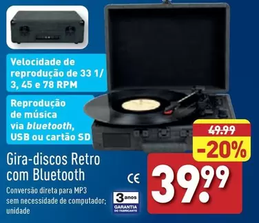 Oferta de .Com - Gira-Discos Retro Com Bluetooth por 39,99€ em Aldi