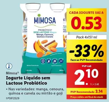 Oferta de Mimosa - Iogurte Liquido Sem Lactose Probioticoem Lidl