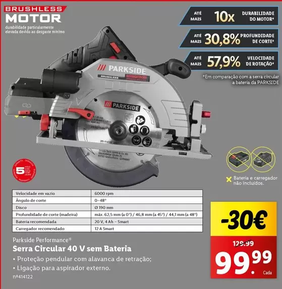 Oferta de Parkside - Serra Circula 40 V Sem Bateria por 99,99€ em Lidl