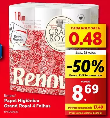 Oferta de Renova - Papel Higienico Grand Royal 4 Folhas por 8,69€ em Lidl