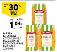 Oferta de Milaneza - Massa  Cotovelinhos/ Macarronete Riscado/Espirais por 1,04€ em Continente