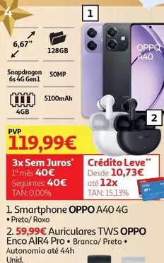 Oferta de Oppo - Smartphone Preto 4Gb 128Gb A40 4G por 119,99€ em Auchan