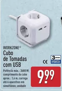 Oferta de Workzone - Cubo De Tomadas Com Usb por 9,99€ em Aldi