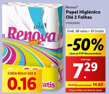 Oferta de Renova - Papel Higienico Olé 2 Folhas por 14,69€ em Lidl