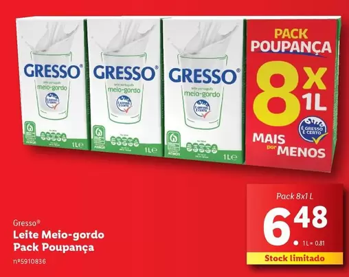 Oferta de Gresso - Leite Meio-gordo Pack Poupanca por 6,48€ em Lidl