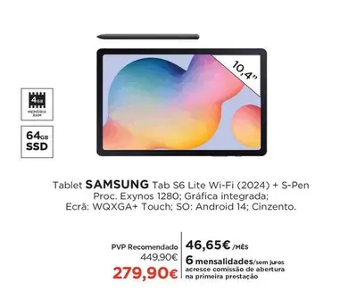 Oferta de Samsung - Tablet Tab S6 Lite Wi-fi (2024 + S-pen por 279,9€ em El Corte Inglés