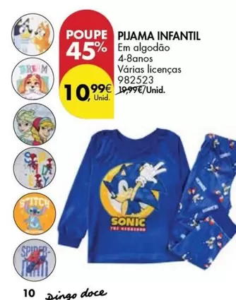 Oferta de Licenças - Pijama Infantil por 10,99€ em Pingo Doce